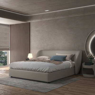 Grijze design slaapkamer tweepersoonsbed textiel bedden houten leren bedden