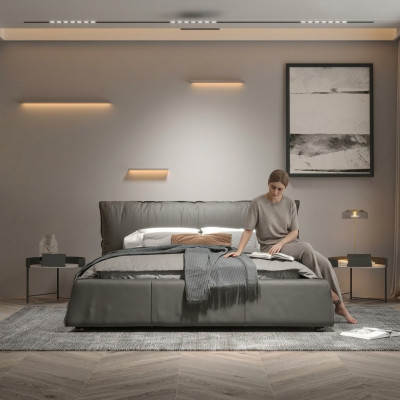 Grijze slaapkamer bed ontwerper tweepersoonsbed houten frame nieuw leren bed