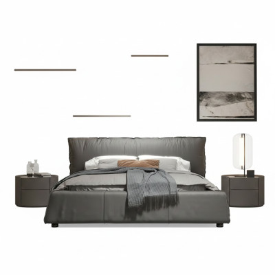 Grijze slaapkamer bed ontwerper tweepersoonsbed houten frame nieuw leren bed