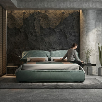 Groene slaapkamer bed ontworpen designer tweepersoonsbed luxe materiaal houten frame.