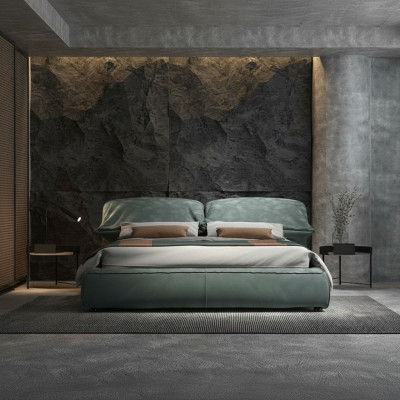 Groene slaapkamer bed ontworpen designer tweepersoonsbed luxe materiaal houten frame.