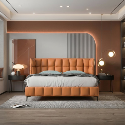 Oranje dubbel bed slaapkamer meubels textielbedden houten frame stijlvol