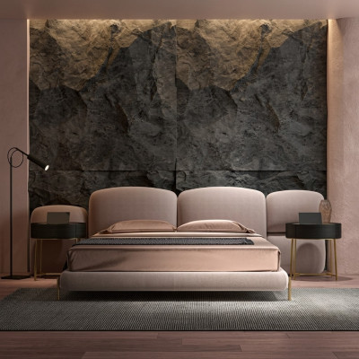 Grote beige slaapkamer tweepersoonsbed met breed textiel hoofdeinde ontwerper.