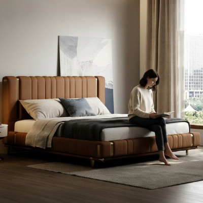 Bruin tweepersoonsbed Luxe slaapkamerbed Moderne bedden Houten frame
