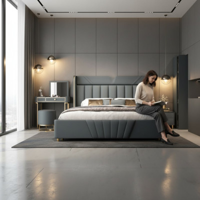 Slaapkamer Grijs Bed Designer Meubels Luxe Materialen Houten Frame