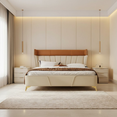 Slaapkamer Beige Tweepersoonsledikant Leren bedden Houten frame Textielmeubels