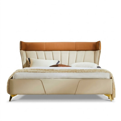 Slaapkamer Beige Tweepersoonsledikant Leren bedden Houten frame Textielmeubels