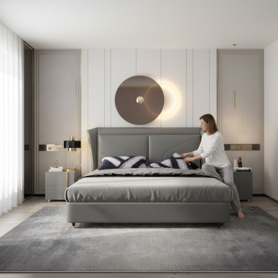 Grijze slaapkamer dubbel bed designer bedden houten frame leren bedden