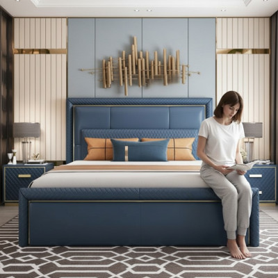 Grote Blauwe Slaapkamer Bed Designer Tweepersoonsbedden Kunstleren Bedden