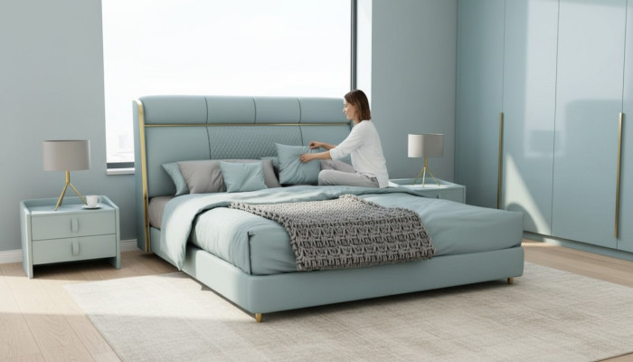 Slaapkamer Blauw tweepersoonsbed Designer bedden Houten frame Luxe meubels