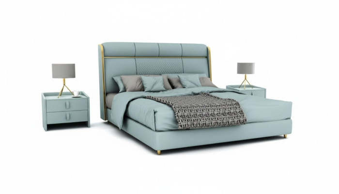 Slaapkamer Blauw tweepersoonsbed Designer bedden Houten frame Luxe meubels