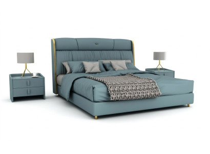 Blauwe slaapkamer tweepersoonsbed designmeubels LED-bed hout textielbedden
