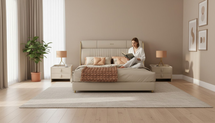 Beige textielbed Stijlvolle slaapkamermeubels Designer tweepersoonsbedden