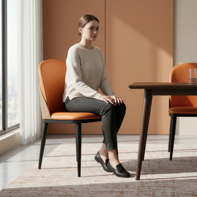 Oranje stoel eetkamer meubel ontwerper fauteuil hout textiel stoelen