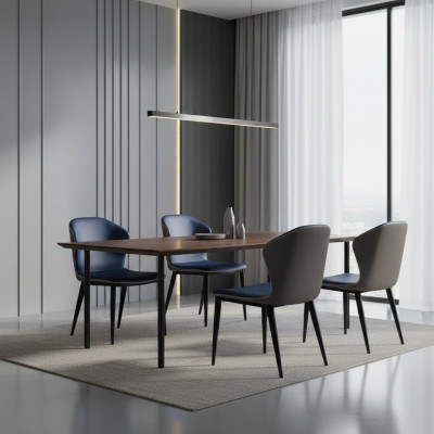 Zwarte-blauwe eetkamerstoel met houten poten Stijlvolle kunstleren stoelen Stoel