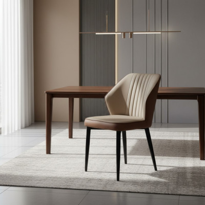 Bruine fauteuils, Edele eetkamerstoelen, Houten stoelen, Luxe textielmeubelen.