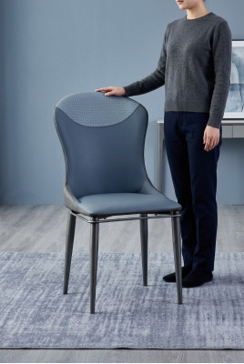 Blauwe eetkamerstoel zonder armleuningen Houten stoelen Designer leren stoelen