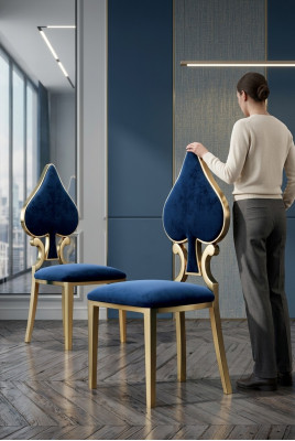 Blauw gouden eetkamerstoel Moderne eenzitter Gestoffeerde en houten stoelen
