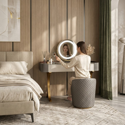 Beige make-uptafel, designer kaptafels, luxueuze laden, houten meubels.