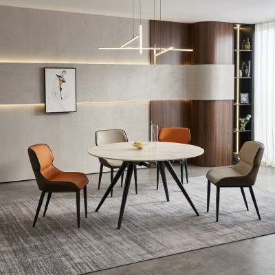 Beige ronde eettafel - ronde tafel 4x gestoffeerde stoelen - ontwerper eetkamer