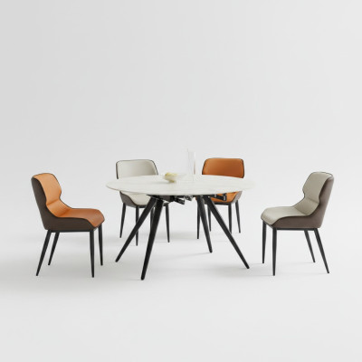 Beige ronde eettafel - ronde tafel 4x gestoffeerde stoelen - ontwerper eetkamer