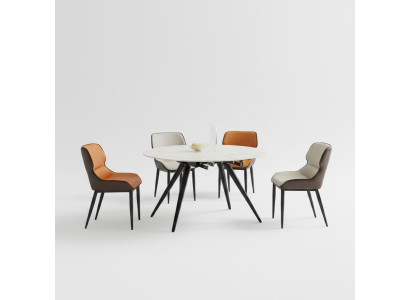 Beige ronde eettafel - ronde tafel 4x gestoffeerde stoelen - ontwerper eetkamer