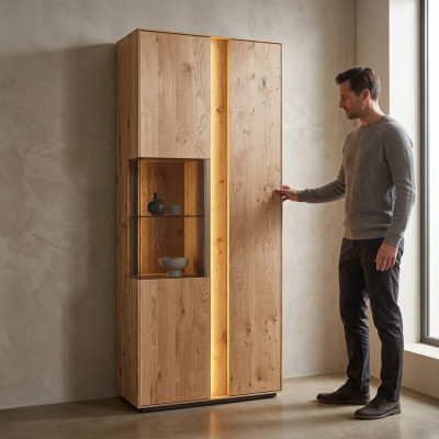 Woonkamer Bruine houten vitrine LED-vitrine Houten kast Glazen kast Nieuw