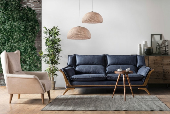 Blauw-witte woonkamerbankstel driepersoons luxe fauteuil bankstel 2-delig