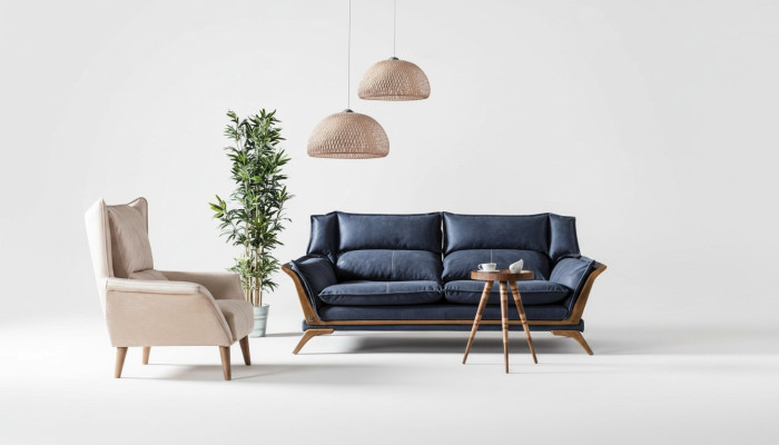 Blauw-witte woonkamerbankstel driepersoons luxe fauteuil bankstel 2-delig