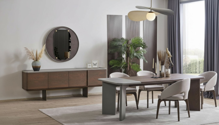 Grote eetkamerset, design eettafel, 4 stoelen, dressoir, spiegel
