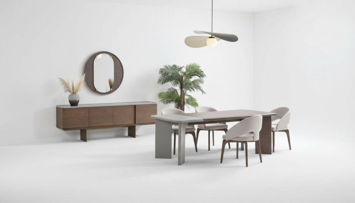 Grote eetkamerset, design eettafel, 4 stoelen, dressoir, spiegel