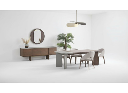 Grote eetkamerset, design eettafel, 4 stoelen, dressoir, spiegel