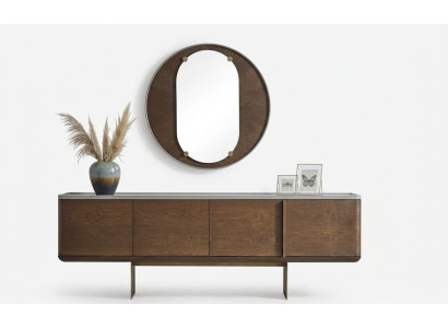 Bruin dressoir Moderne houten meubels Luxe ronde spiegel Woonkamer 2-delig