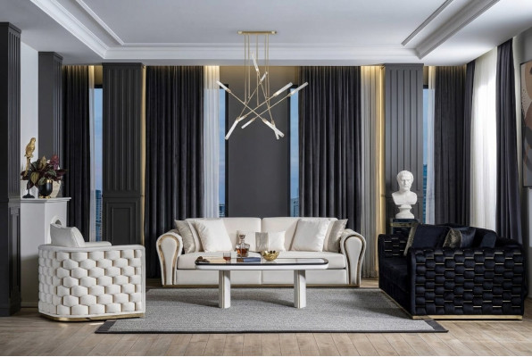 Blauw-beige woonkamerset Luxe bankstel 3+3+1 zits Designbank