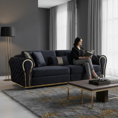 Stijlvolle zwarte 3-zits luxe woonkamer zitmeubelen gestoffeerde bank
