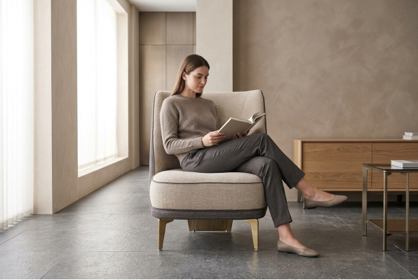 Grijze-beige fauteuil, designer eenzitter armstoel voor de woonkamer, 1-zits nieuw.