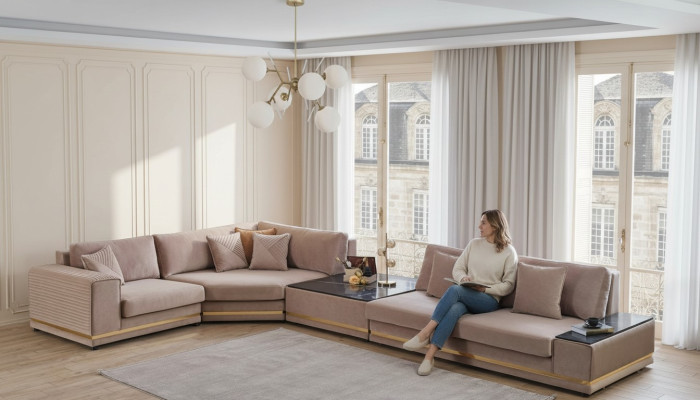 Beige L-vormige bank Stijlvolle woonlandschap Designer bank meubels