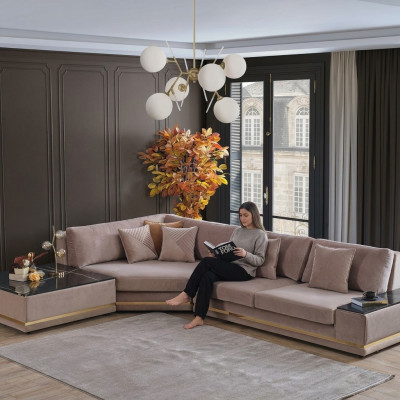 Beige L-vormig designer hoekbank gestoffeerde woonlandschap Luxe bank