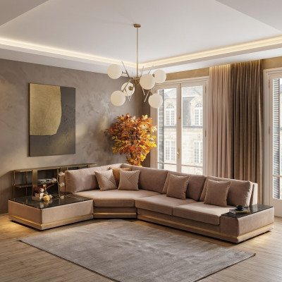 Beige L-vormig designer hoekbank gestoffeerde woonlandschap Luxe bank