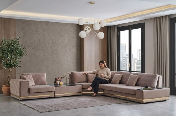 Beige L-vormige woonlandschap Designer gestoffeerde bank Stijlvolle banken Nieuw