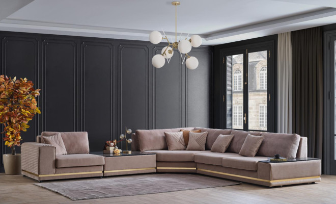 Beige L-vormige woonlandschap Designer gestoffeerde bank Stijlvolle banken Nieuw