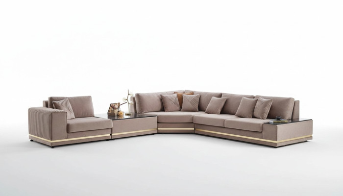 Beige L-vormige woonlandschap Designer gestoffeerde bank Stijlvolle banken Nieuw