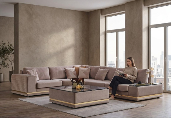Beige woonkamerset Stijlvol L-vormig woongebeid Designerpoef