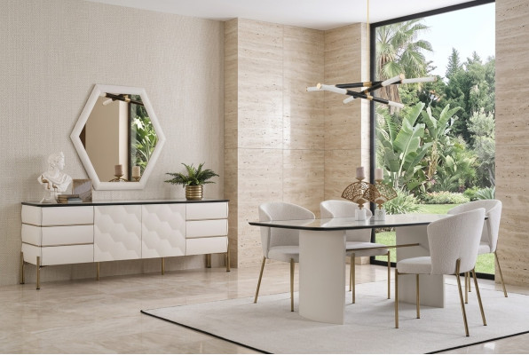 Stijlvolle eetkamerset Grote eettafel 4x stoelen Dressoir Spiegel