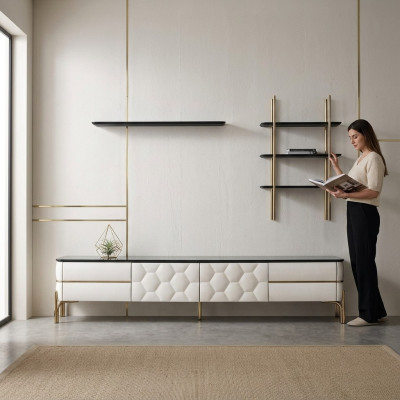 Witte tv-kast ontwerper 2x planken woonkamer Stijlvol set 3-delig nieuw