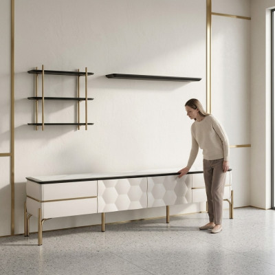 Moderne Witte Woonkamer Praktische Tv-kast Luxe Planken 3-delige Set