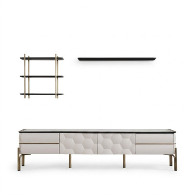 Moderne Witte Woonkamer Praktische Tv-kast Luxe Planken 3-delige Set