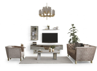 Grijze woonkamer houten meubels, ontwerper tv-kast, wandkasten, woonkamer meubels.