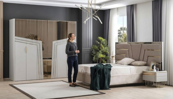 Moderne slaapkamerset - designerbed, 2 nachtkastjes, kledingkast