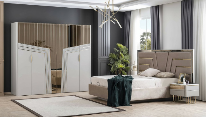 Moderne slaapkamerset - designerbed, 2 nachtkastjes, kledingkast